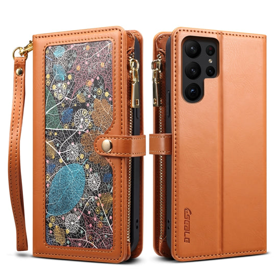 For Samsung Galaxy S23 Ultra 5G ESEBLE Star Series Lanyard Zipper Wallet RFID Leather Case(Brown)