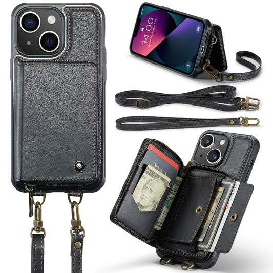 For iPhone 13 JEEHOOD C22 Series Zipper Wallet Leather Phone Case with Dual Lanyard(Black) - iPhone 13 Cases by JEEHOOD | Online Shopping UK | buy2fix