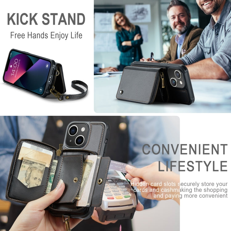 For iPhone 13 JEEHOOD C22 Series Zipper Wallet Leather Phone Case with Dual Lanyard(Black) - iPhone 13 Cases by JEEHOOD | Online Shopping UK | buy2fix
