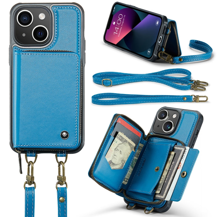 For iPhone 13 JEEHOOD C22 Series Zipper Wallet Leather Phone Case with Dual Lanyard(Blue) - iPhone 13 Cases by JEEHOOD | Online Shopping UK | buy2fix
