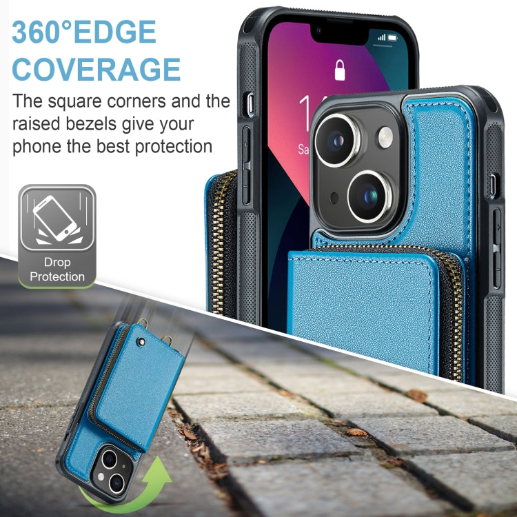 For iPhone 13 JEEHOOD C22 Series Zipper Wallet Leather Phone Case with Dual Lanyard(Blue) - iPhone 13 Cases by JEEHOOD | Online Shopping UK | buy2fix