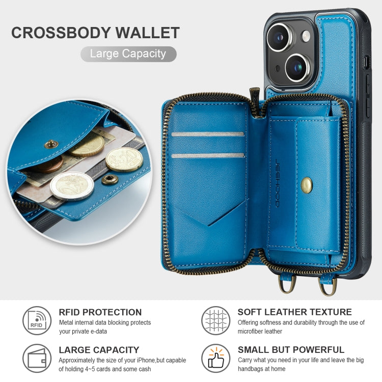 For iPhone 13 JEEHOOD C22 Series Zipper Wallet Leather Phone Case with Dual Lanyard(Blue) - iPhone 13 Cases by JEEHOOD | Online Shopping UK | buy2fix