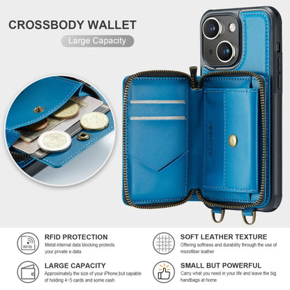 For iPhone 13 JEEHOOD C22 Series Zipper Wallet Leather Phone Case with Dual Lanyard(Blue) - iPhone 13 Cases by JEEHOOD | Online Shopping UK | buy2fix