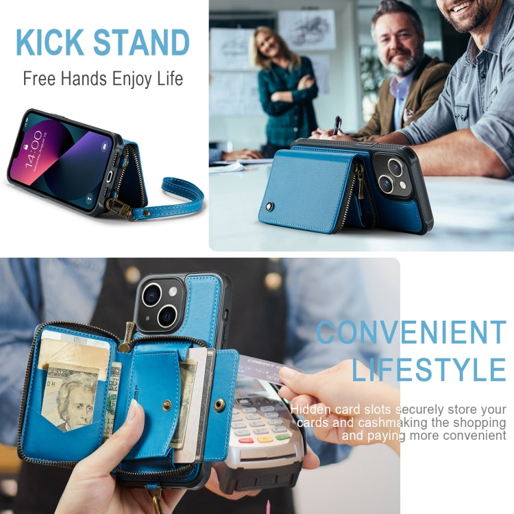 For iPhone 13 JEEHOOD C22 Series Zipper Wallet Leather Phone Case with Dual Lanyard(Blue) - iPhone 13 Cases by JEEHOOD | Online Shopping UK | buy2fix