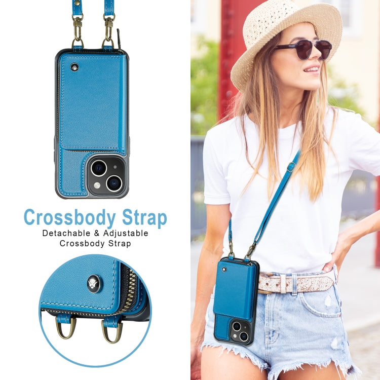 For iPhone 13 JEEHOOD C22 Series Zipper Wallet Leather Phone Case with Dual Lanyard(Blue) - iPhone 13 Cases by JEEHOOD | Online Shopping UK | buy2fix