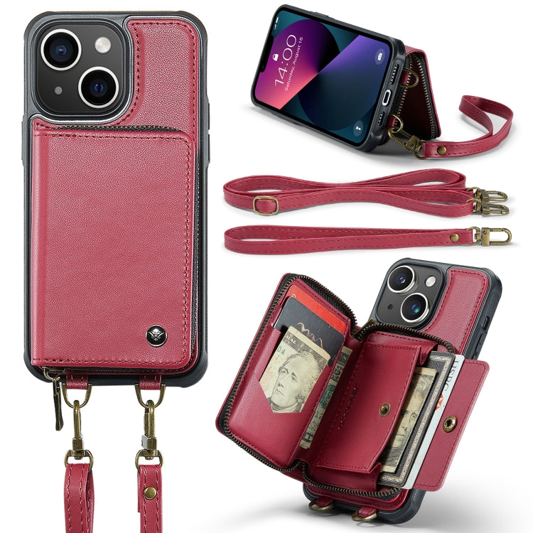 For iPhone 13 JEEHOOD C22 Series Zipper Wallet Leather Phone Case with Dual Lanyard(Red) - iPhone 13 Cases by JEEHOOD | Online Shopping UK | buy2fix
