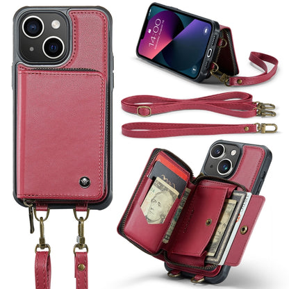 For iPhone 13 JEEHOOD C22 Series Zipper Wallet Leather Phone Case with Dual Lanyard(Red) - iPhone 13 Cases by JEEHOOD | Online Shopping UK | buy2fix