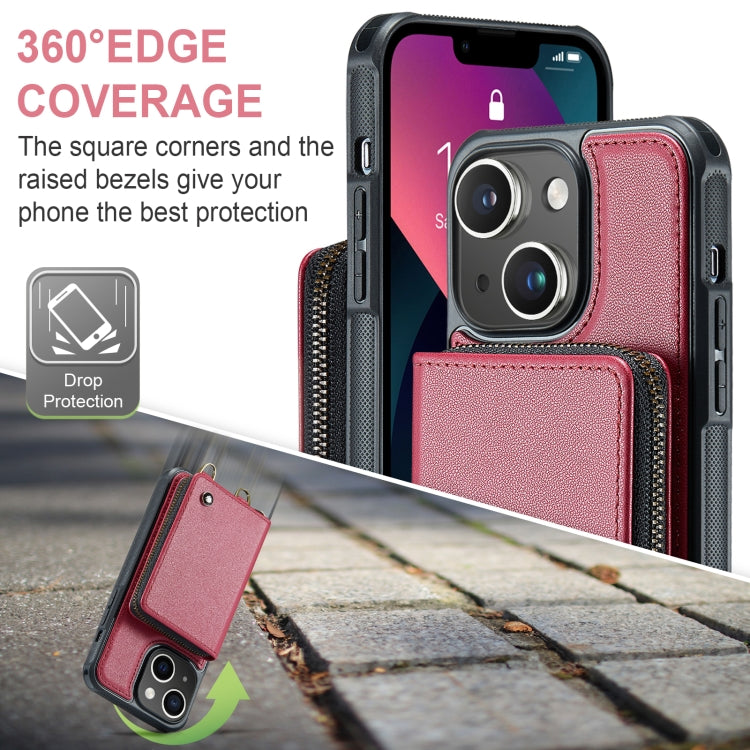 For iPhone 13 JEEHOOD C22 Series Zipper Wallet Leather Phone Case with Dual Lanyard(Red) - iPhone 13 Cases by JEEHOOD | Online Shopping UK | buy2fix