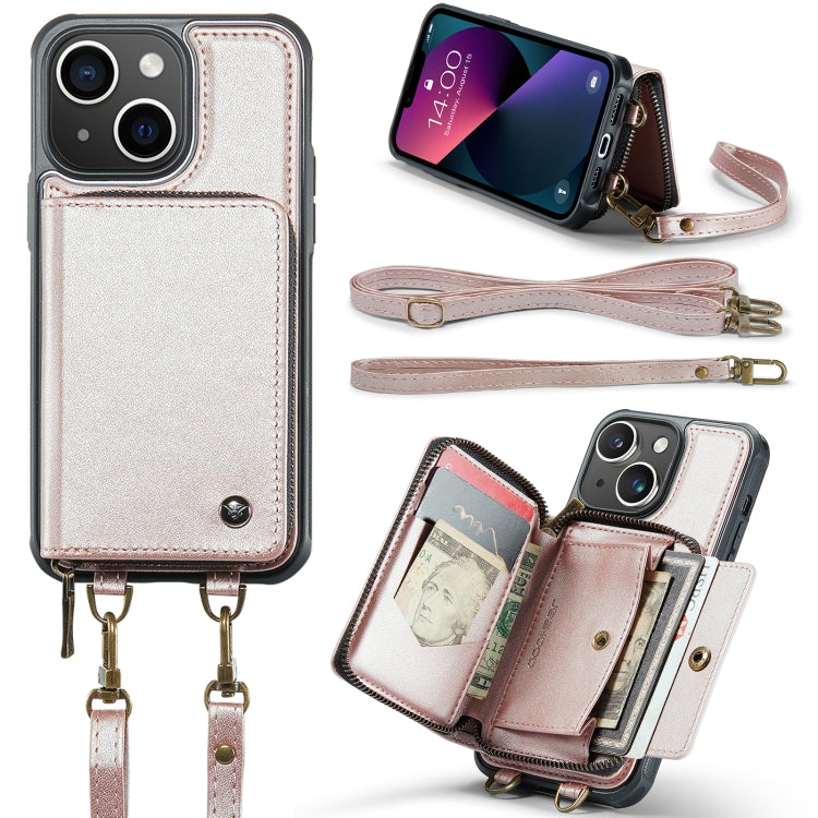 For iPhone 13 JEEHOOD C22 Series Zipper Wallet Leather Phone Case with Dual Lanyard(Rose Gold) - iPhone 13 Cases by JEEHOOD | Online Shopping UK | buy2fix