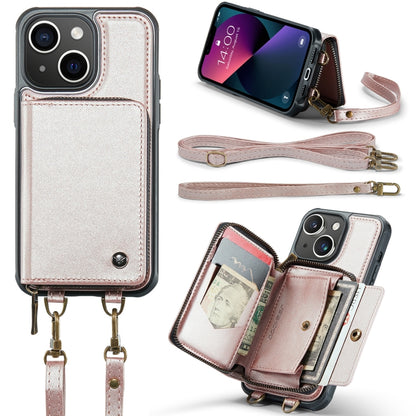 For iPhone 13 JEEHOOD C22 Series Zipper Wallet Leather Phone Case with Dual Lanyard(Rose Gold) - iPhone 13 Cases by JEEHOOD | Online Shopping UK | buy2fix
