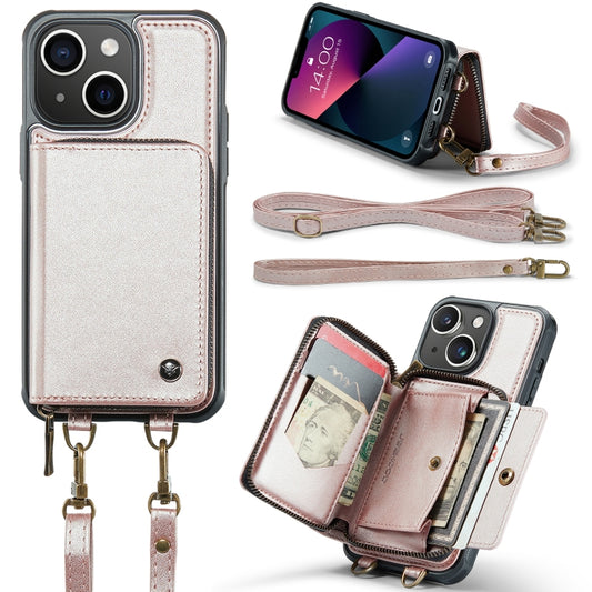 For iPhone 13 JEEHOOD C22 Series Zipper Wallet Leather Phone Case with Dual Lanyard(Rose Gold) - iPhone 13 Cases by JEEHOOD | Online Shopping UK | buy2fix