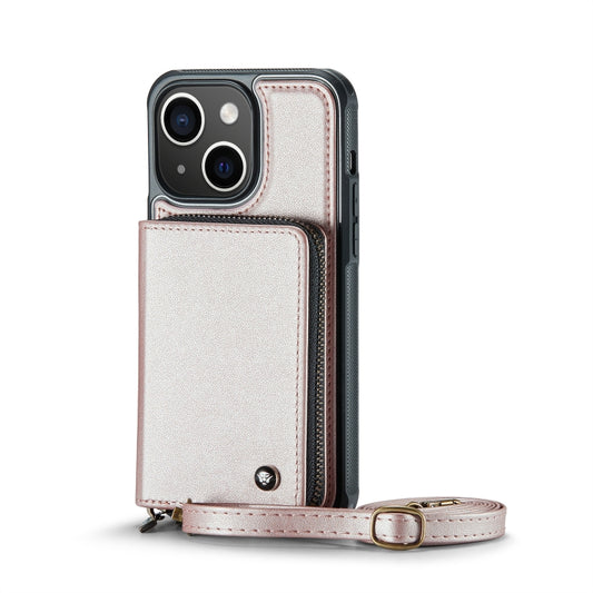 For iPhone 13 JEEHOOD C22 Series Zipper Wallet Leather Phone Case with Dual Lanyard(Rose Gold) - iPhone 13 Cases by JEEHOOD | Online Shopping UK | buy2fix