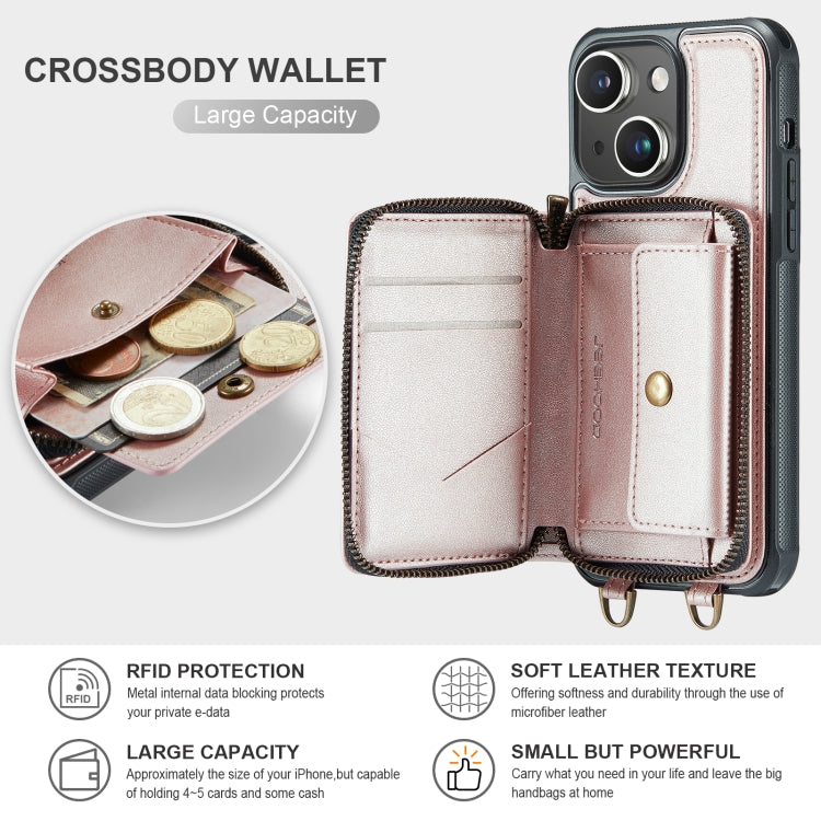 For iPhone 13 JEEHOOD C22 Series Zipper Wallet Leather Phone Case with Dual Lanyard(Rose Gold) - iPhone 13 Cases by JEEHOOD | Online Shopping UK | buy2fix