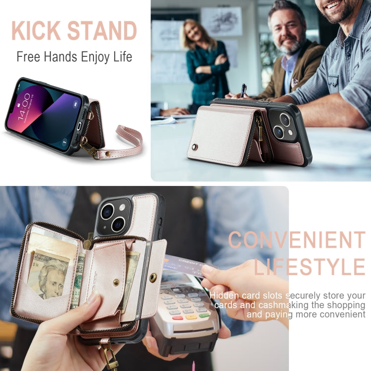 For iPhone 13 JEEHOOD C22 Series Zipper Wallet Leather Phone Case with Dual Lanyard(Rose Gold) - iPhone 13 Cases by JEEHOOD | Online Shopping UK | buy2fix