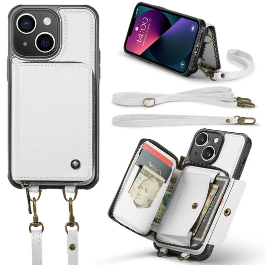 For iPhone 13 JEEHOOD C22 Series Zipper Wallet Leather Phone Case with Dual Lanyard(White) - iPhone 13 Cases by JEEHOOD | Online Shopping UK | buy2fix