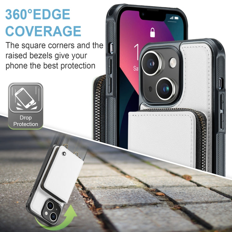 For iPhone 13 JEEHOOD C22 Series Zipper Wallet Leather Phone Case with Dual Lanyard(White) - iPhone 13 Cases by JEEHOOD | Online Shopping UK | buy2fix