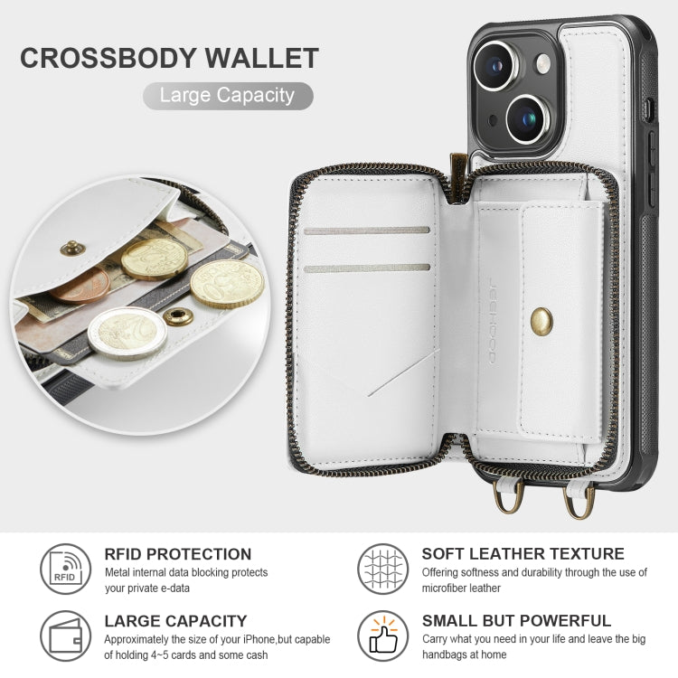 For iPhone 13 JEEHOOD C22 Series Zipper Wallet Leather Phone Case with Dual Lanyard(White) - iPhone 13 Cases by JEEHOOD | Online Shopping UK | buy2fix