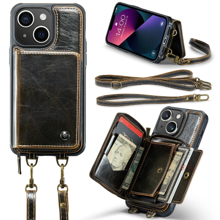 For iPhone 13 JEEHOOD C22 Series Zipper Wallet Leather Phone Case with Dual Lanyard(Coffee) - iPhone 13 Cases by JEEHOOD | Online Shopping UK | buy2fix