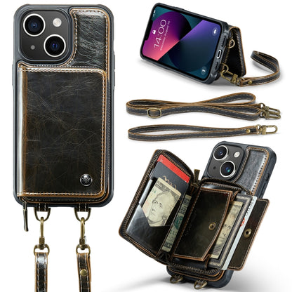 For iPhone 13 JEEHOOD C22 Series Zipper Wallet Leather Phone Case with Dual Lanyard(Coffee) - iPhone 13 Cases by JEEHOOD | Online Shopping UK | buy2fix
