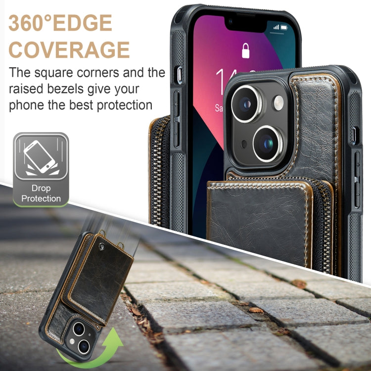For iPhone 13 JEEHOOD C22 Series Zipper Wallet Leather Phone Case with Dual Lanyard(Coffee) - iPhone 13 Cases by JEEHOOD | Online Shopping UK | buy2fix