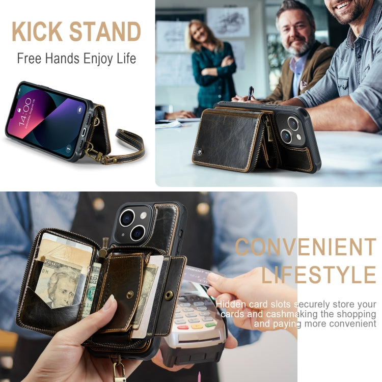 For iPhone 13 JEEHOOD C22 Series Zipper Wallet Leather Phone Case with Dual Lanyard(Coffee) - iPhone 13 Cases by JEEHOOD | Online Shopping UK | buy2fix