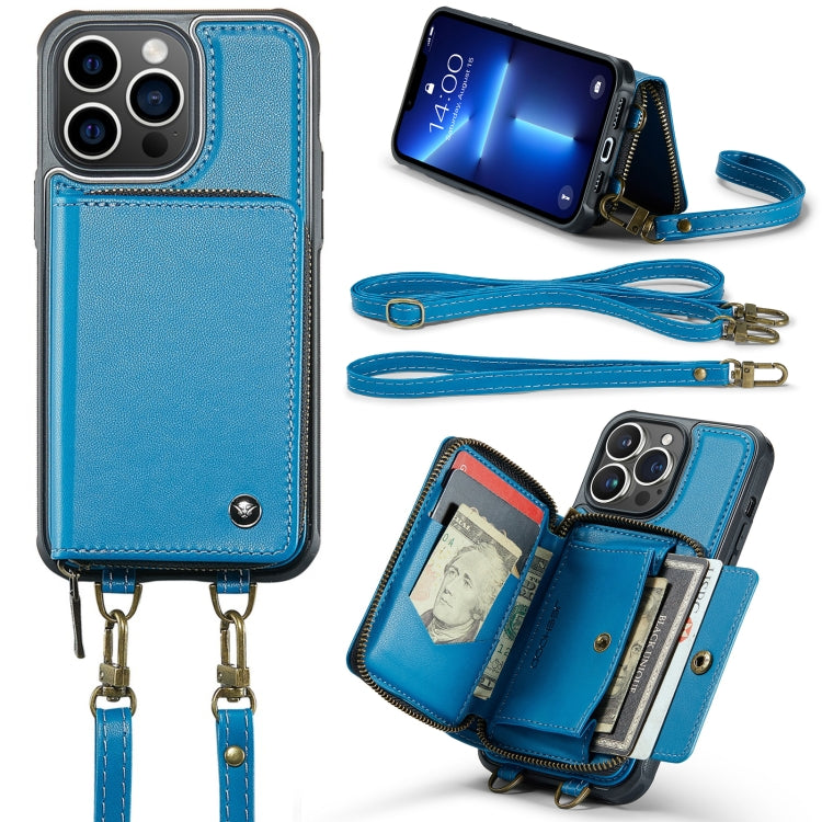 For iPhone 13 Pro JEEHOOD C22 Series Zipper Wallet Leather Phone Case with Dual Lanyard(Blue) - iPhone 13 Cases by JEEHOOD | Online Shopping UK | buy2fix