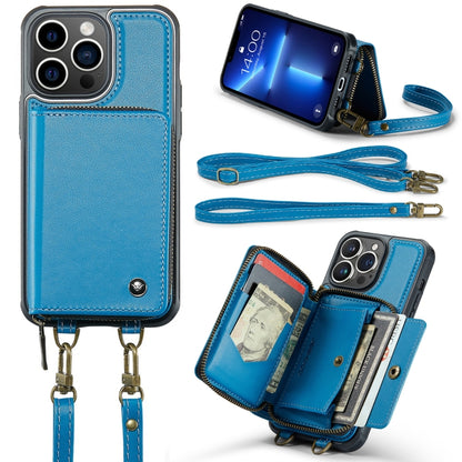 For iPhone 13 Pro JEEHOOD C22 Series Zipper Wallet Leather Phone Case with Dual Lanyard(Blue) - iPhone 13 Cases by JEEHOOD | Online Shopping UK | buy2fix