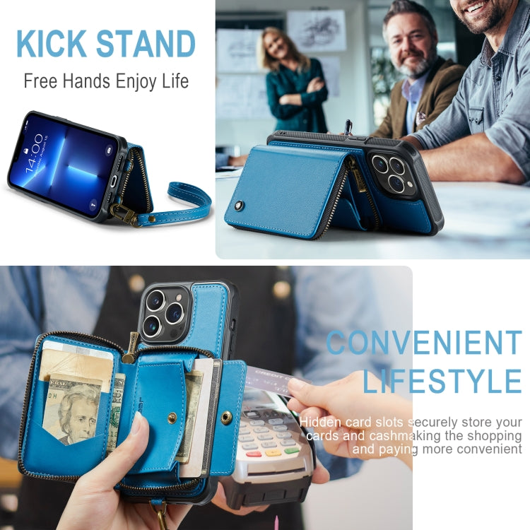 For iPhone 13 Pro JEEHOOD C22 Series Zipper Wallet Leather Phone Case with Dual Lanyard(Blue) - iPhone 13 Cases by JEEHOOD | Online Shopping UK | buy2fix