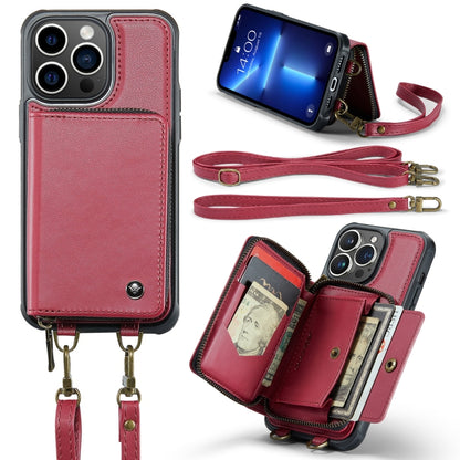 For iPhone 13 Pro JEEHOOD C22 Series Zipper Wallet Leather Phone Case with Dual Lanyard(Red) - iPhone 13 Cases by JEEHOOD | Online Shopping UK | buy2fix