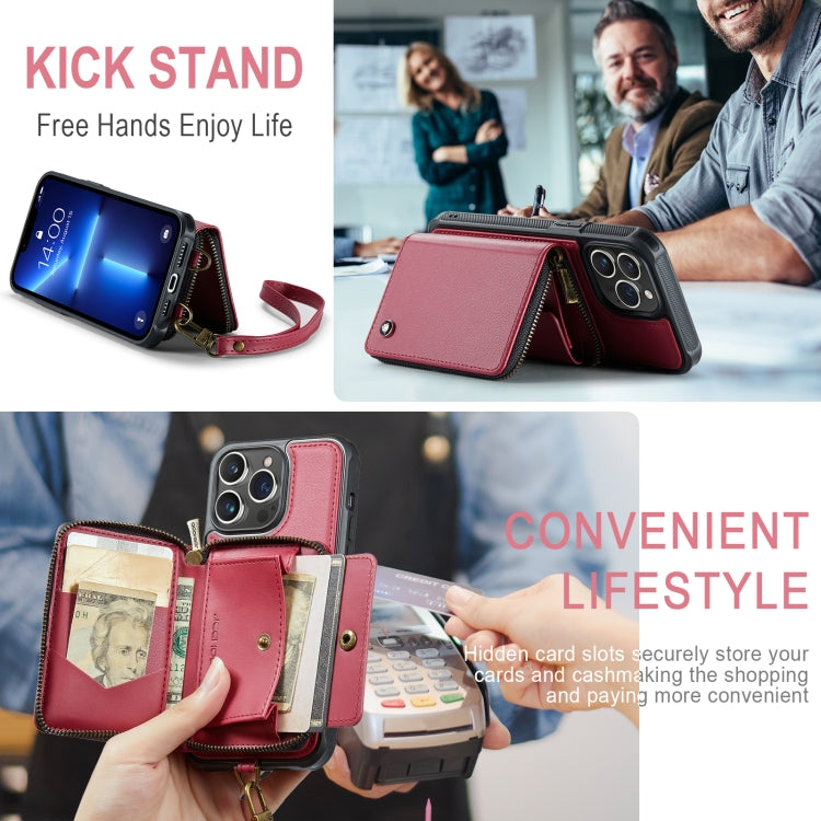 For iPhone 13 Pro JEEHOOD C22 Series Zipper Wallet Leather Phone Case with Dual Lanyard(Red) - iPhone 13 Cases by JEEHOOD | Online Shopping UK | buy2fix