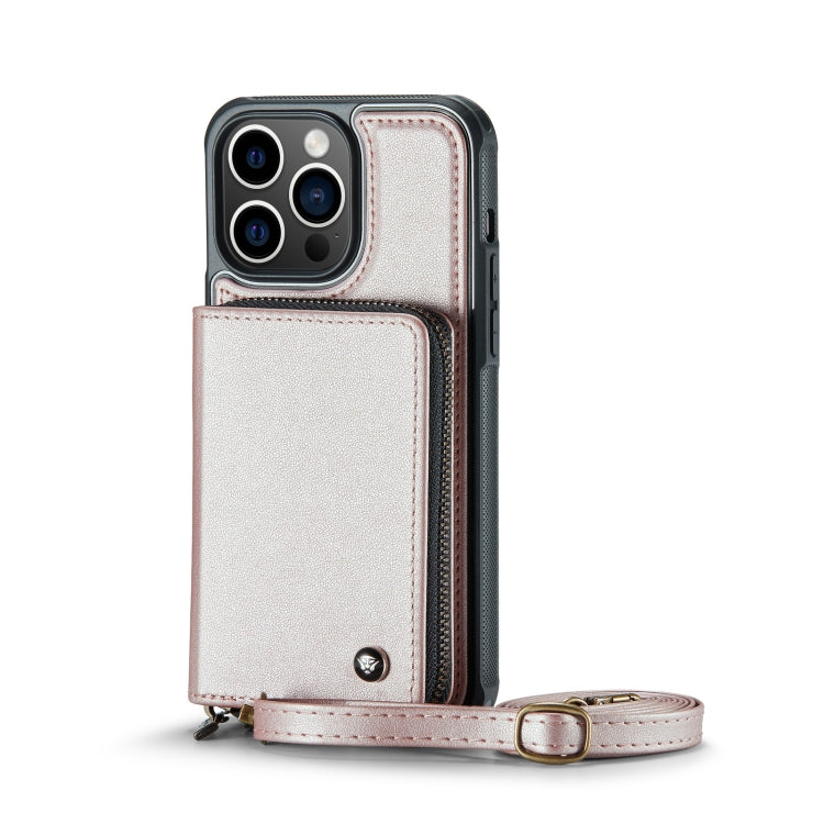 For iPhone 13 Pro JEEHOOD C22 Series Zipper Wallet Leather Phone Case with Dual Lanyard(Rose Gold) - iPhone 13 Cases by JEEHOOD | Online Shopping UK | buy2fix