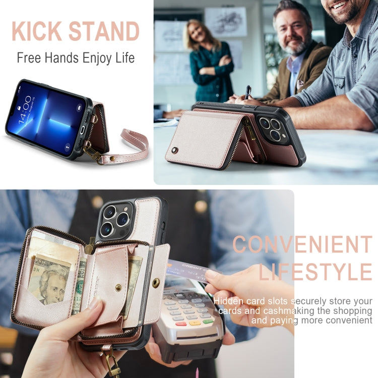 For iPhone 13 Pro JEEHOOD C22 Series Zipper Wallet Leather Phone Case with Dual Lanyard(Rose Gold) - iPhone 13 Cases by JEEHOOD | Online Shopping UK | buy2fix