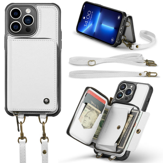 For iPhone 13 Pro JEEHOOD C22 Series Zipper Wallet Leather Phone Case with Dual Lanyard(White) - iPhone 13 Cases by JEEHOOD | Online Shopping UK | buy2fix
