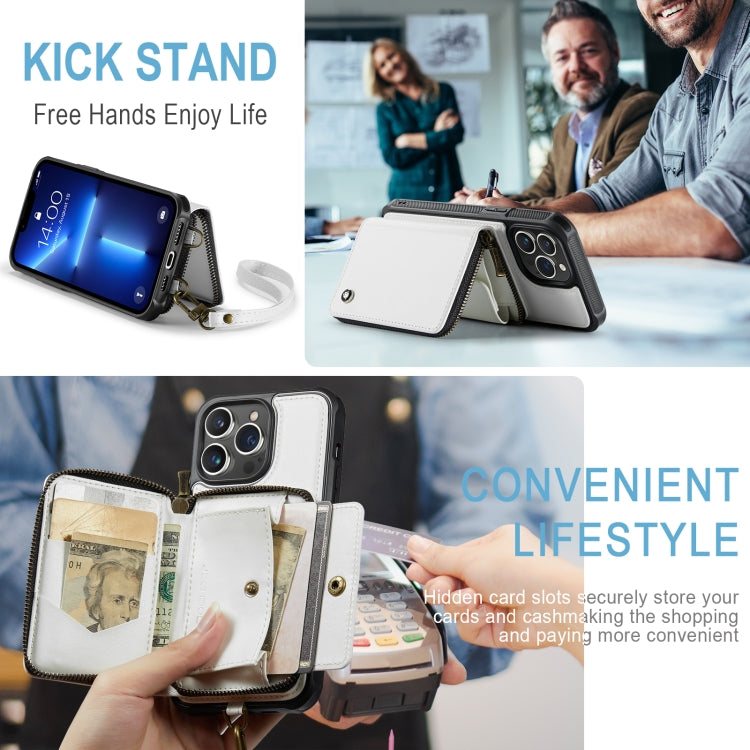 For iPhone 13 Pro JEEHOOD C22 Series Zipper Wallet Leather Phone Case with Dual Lanyard(White) - iPhone 13 Cases by JEEHOOD | Online Shopping UK | buy2fix