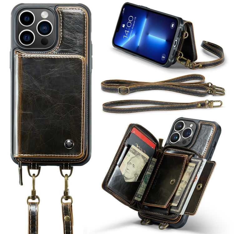For iPhone 13 Pro JEEHOOD C22 Series Zipper Wallet Leather Phone Case with Dual Lanyard(Coffee) - iPhone 13 Cases by JEEHOOD | Online Shopping UK | buy2fix