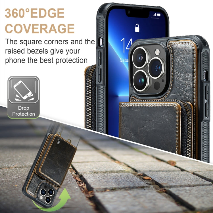 For iPhone 13 Pro JEEHOOD C22 Series Zipper Wallet Leather Phone Case with Dual Lanyard(Coffee) - iPhone 13 Cases by JEEHOOD | Online Shopping UK | buy2fix