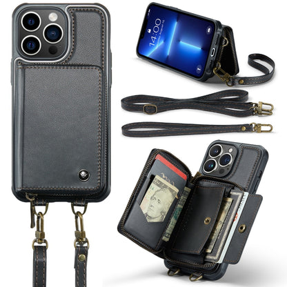 For iPhone 13 Pro Max JEEHOOD C22 Series Zipper Wallet Leather Phone Case with Dual Lanyard(Black) - iPhone 13 Cases by JEEHOOD | Online Shopping UK | buy2fix