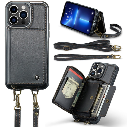 For iPhone 13 Pro Max JEEHOOD C22 Series Zipper Wallet Leather Phone Case with Dual Lanyard(Black) - iPhone 13 Cases by JEEHOOD | Online Shopping UK | buy2fix