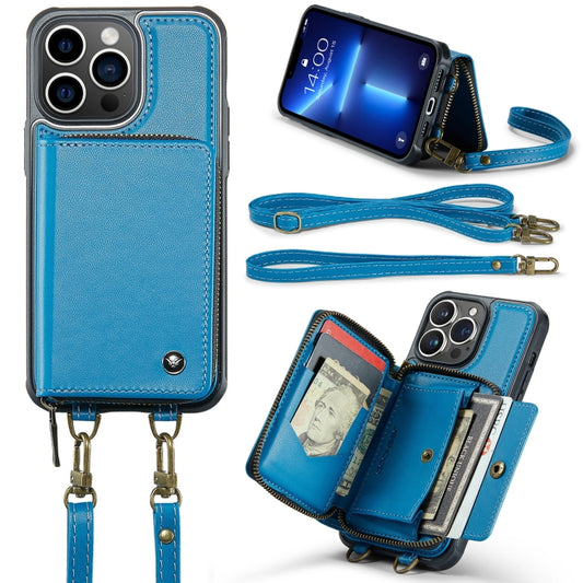 For iPhone 13 Pro Max JEEHOOD C22 Series Zipper Wallet Leather Phone Case with Dual Lanyard(Blue) - iPhone 13 Cases by JEEHOOD | Online Shopping UK | buy2fix