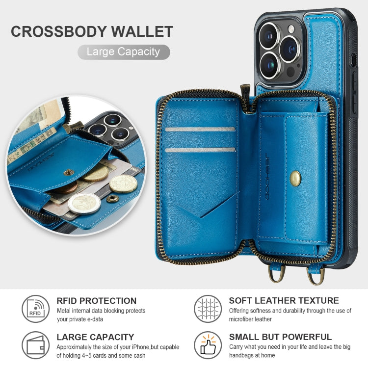 For iPhone 13 Pro Max JEEHOOD C22 Series Zipper Wallet Leather Phone Case with Dual Lanyard(Blue) - iPhone 13 Cases by JEEHOOD | Online Shopping UK | buy2fix