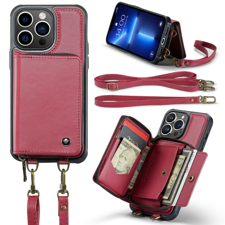 For iPhone 13 Pro Max JEEHOOD C22 Series Zipper Wallet Leather Phone Case with Dual Lanyard(Red) - iPhone 13 Cases by JEEHOOD | Online Shopping UK | buy2fix