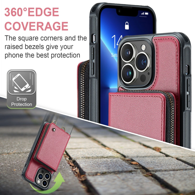 For iPhone 13 Pro Max JEEHOOD C22 Series Zipper Wallet Leather Phone Case with Dual Lanyard(Red) - iPhone 13 Cases by JEEHOOD | Online Shopping UK | buy2fix