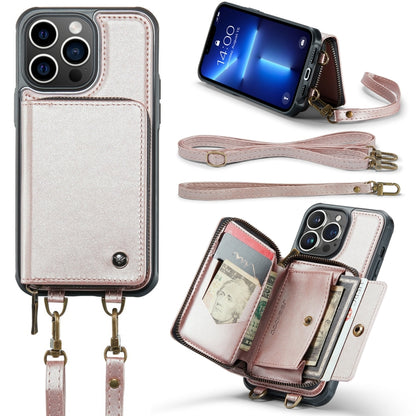 For iPhone 13 Pro Max JEEHOOD C22 Series Zipper Wallet Leather Phone Case with Dual Lanyard(Rose Gold) - iPhone 13 Cases by JEEHOOD | Online Shopping UK | buy2fix