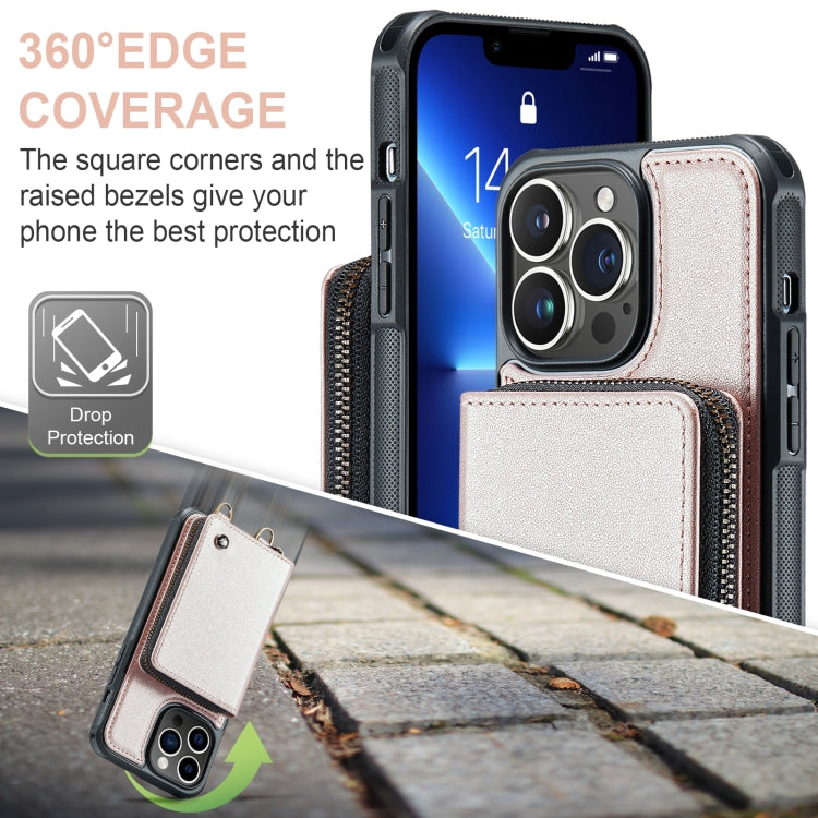 For iPhone 13 Pro Max JEEHOOD C22 Series Zipper Wallet Leather Phone Case with Dual Lanyard(Rose Gold) - iPhone 13 Cases by JEEHOOD | Online Shopping UK | buy2fix