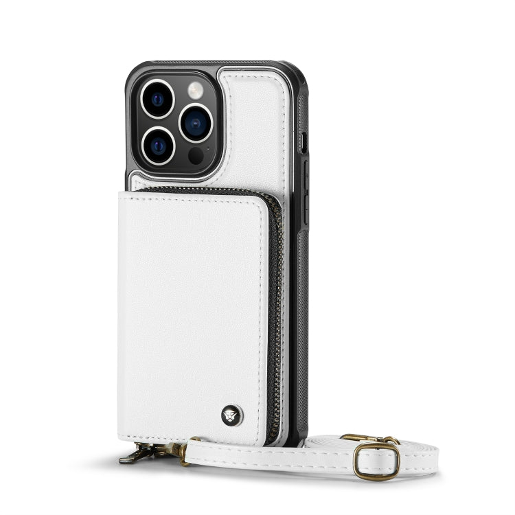 For iPhone 13 Pro Max JEEHOOD C22 Series Zipper Wallet Leather Phone Case with Dual Lanyard(White) - iPhone 13 Cases by JEEHOOD | Online Shopping UK | buy2fix