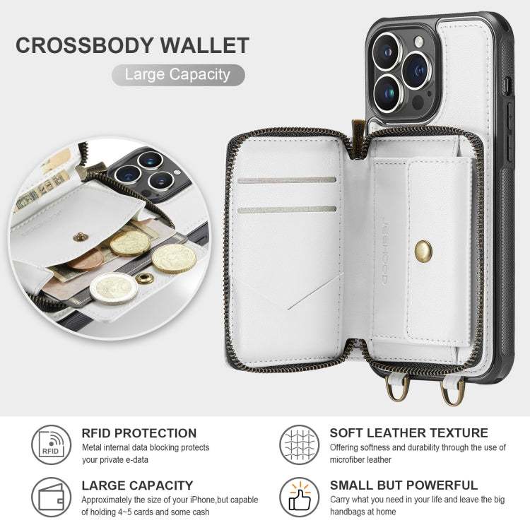 For iPhone 13 Pro Max JEEHOOD C22 Series Zipper Wallet Leather Phone Case with Dual Lanyard(White) - iPhone 13 Cases by JEEHOOD | Online Shopping UK | buy2fix