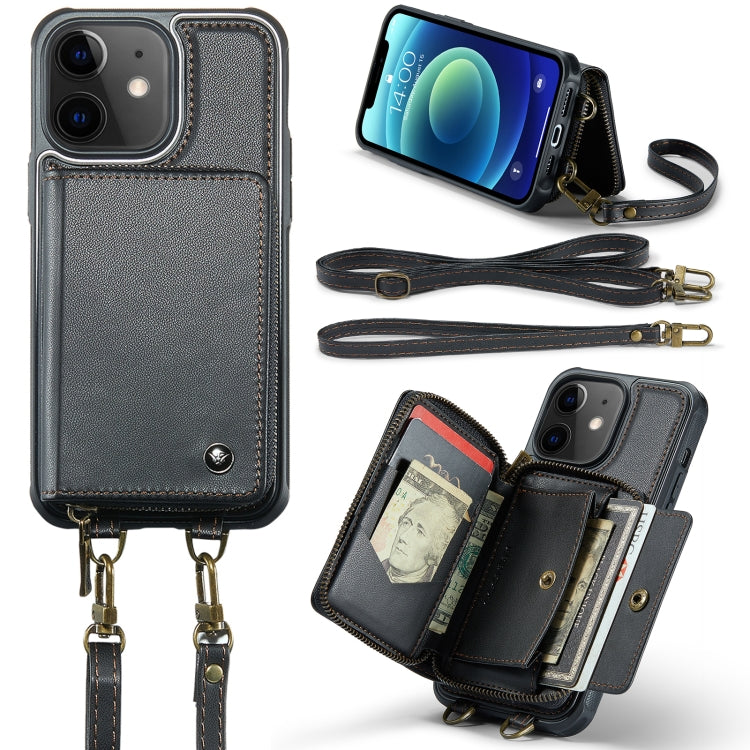 For iPhone 12 JEEHOOD C22 Series Zipper Wallet Leather Phone Case with Dual Lanyard(Black) - iPhone 13 Cases by JEEHOOD | Online Shopping UK | buy2fix