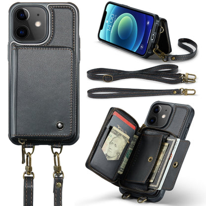 For iPhone 12 JEEHOOD C22 Series Zipper Wallet Leather Phone Case with Dual Lanyard(Black) - iPhone 13 Cases by JEEHOOD | Online Shopping UK | buy2fix
