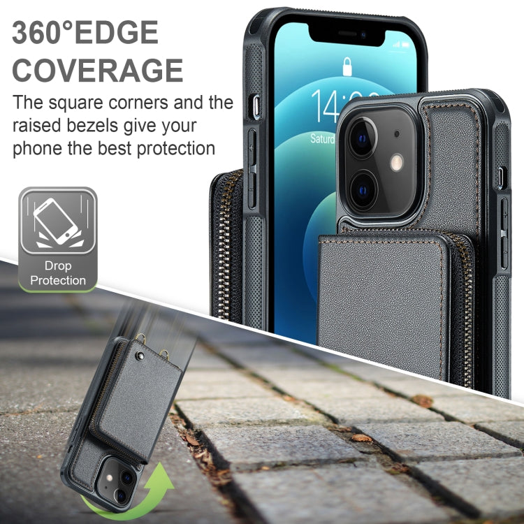 For iPhone 12 JEEHOOD C22 Series Zipper Wallet Leather Phone Case with Dual Lanyard(Black) - iPhone 13 Cases by JEEHOOD | Online Shopping UK | buy2fix