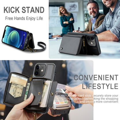 For iPhone 12 JEEHOOD C22 Series Zipper Wallet Leather Phone Case with Dual Lanyard(Black) - iPhone 13 Cases by JEEHOOD | Online Shopping UK | buy2fix